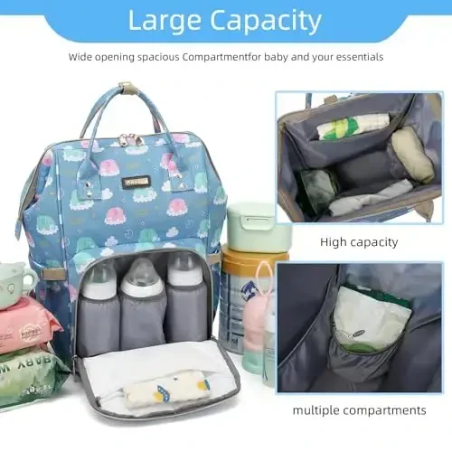 Diaper Bag Backpack, Diaper Bags for Baby Girls Boys, Baby Bags for Moms Dads, Nappy Changing Bag with Insulated Pockets,Multi-functional Waterproof Backpack with Stroller straps-Deep blue elephant - 6
