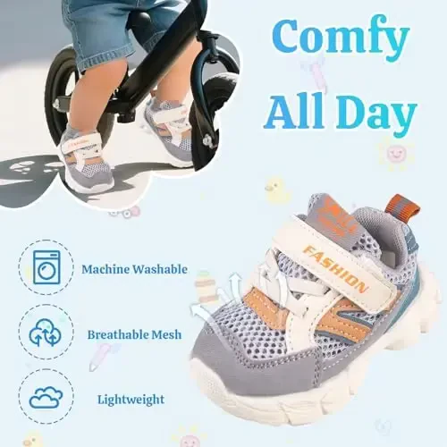 Toddler Baby Girls Boys Tennis White Walking Barefoot Slip on Shoes 18-24 Months Size 5 Wide Toe Box Summer Soft Sole Flexible Dinosaur Cheer Shoes Breathable Outdoor Soccer Rubber Sneakers - 2