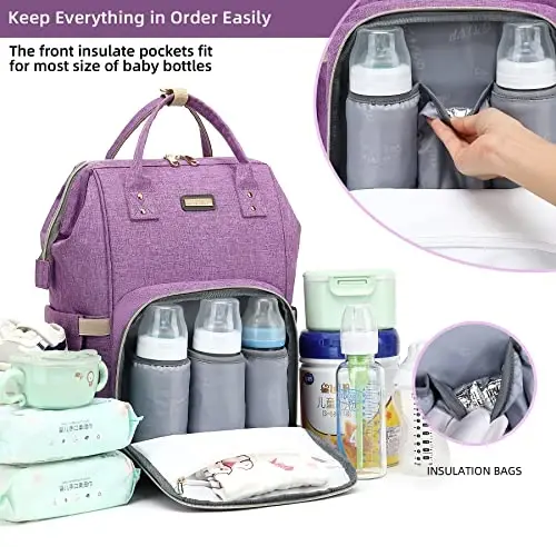 GAIVP Diaper Bag Backpack, Diaper Bags for Baby Girls Boys, Baby Bags for Moms Dads, Nappy Changing Bag with Insulated Pockets,Multi-functional Waterproof Backpack with Stroller straps-Purple - 2
