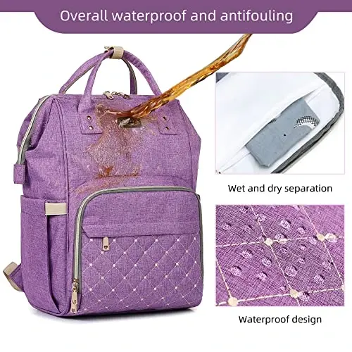 Diaper Bag Backpack, Diaper Bags for Baby Girls Boys, Baby Bags for Moms Dads, Nappy Changing Bag with Insulated Pockets,Multi-functional Waterproof Backpack with Stroller straps-Purple - 5