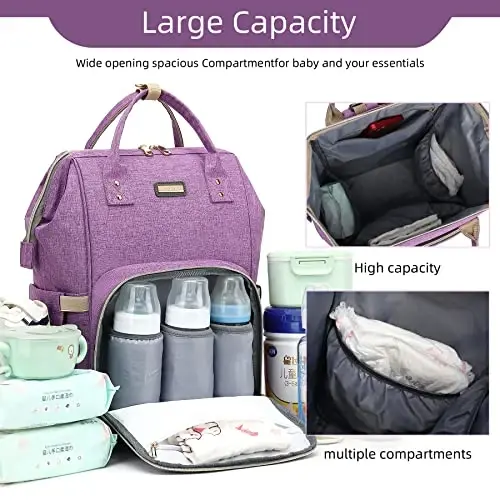 Diaper Bag Backpack, Diaper Bags for Baby Girls Boys, Baby Bags for Moms Dads, Nappy Changing Bag with Insulated Pockets,Multi-functional Waterproof Backpack with Stroller straps-Purple - 6