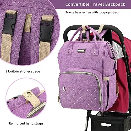 Diaper Bag Backpack, Diaper Bags for Baby Girls Boys, Baby Bags for Moms Dads, Nappy Changing Bag with Insulated Pockets,Multi-functional Waterproof Backpack with Stroller straps-Purple - 3