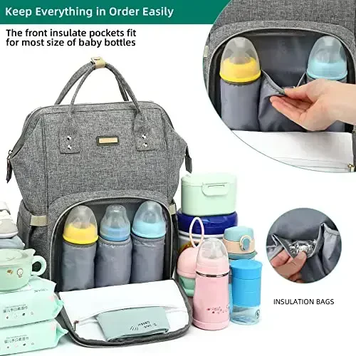 Diaper Bag Backpack, Diaper Bags for Baby Girls Boys, Baby Bags for Moms Dads, Nappy Changing Bag with Insulated Pockets,Multi-functional Waterproof Backpack with Stroller straps - Grey - DIAPER (1)