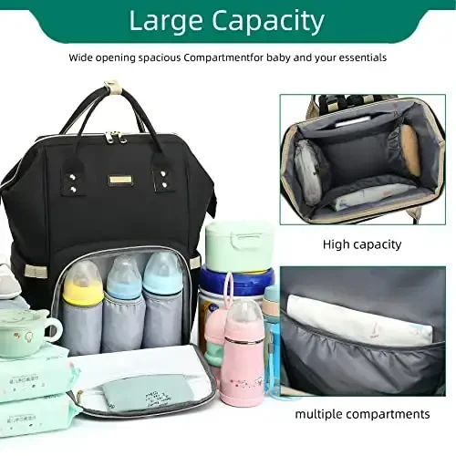 Diaper Bag Backpack, Diaper Bags for Baby Girls Boys, Baby Bags for Moms Dads, Nappy Changing Bag with Insulated Pockets,Multi-functional Waterproof Backpack with Stroller straps-Black - 6