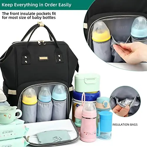 Diaper Bag Backpack, Diaper Bags for Baby Girls Boys, Baby Bags for Moms Dads, Nappy Changing Bag with Insulated Pockets,Multi-functional Waterproof Backpack with Stroller straps-Black - 2