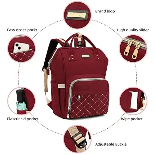 Diaper Bag Backpack, Diaper Bags for Baby Girls Boys, Baby Bags for Moms Dads, Nappy Changing Bag with Insulated Pockets,Multi-functional Waterproof Backpack with Stroller straps-Red - 4