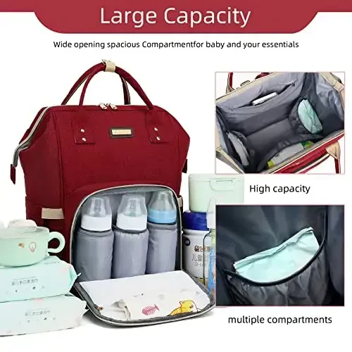 Diaper Bag Backpack, Diaper Bags for Baby Girls Boys, Baby Bags for Moms Dads, Nappy Changing Bag with Insulated Pockets,Multi-functional Waterproof Backpack with Stroller straps-Red - 6