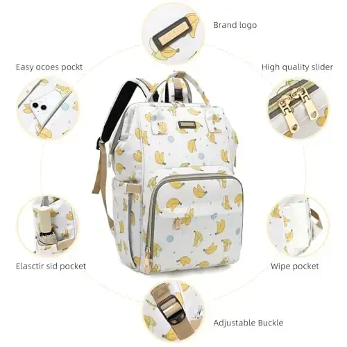 Diaper Bag Backpack, Diaper Bags for Baby Girls Boys, Baby Bags for Moms Dads, Nappy Changing Bag with Insulated Pockets,Multi-functional Waterproof Backpack with Stroller straps -Beige Banana - 4