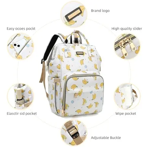 Diaper Bag Backpack, Diaper Bags for Baby Girls Boys, Baby Bags for Moms Dads, Nappy Changing Bag with Insulated Pockets,Multi-functional Waterproof Backpack with Stroller straps -Beige Banana - 4