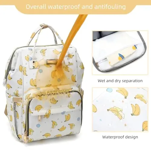 Diaper Bag Backpack, Diaper Bags for Baby Girls Boys, Baby Bags for Moms Dads, Nappy Changing Bag with Insulated Pockets,Multi-functional Waterproof Backpack with Stroller straps -Beige Banana - 5