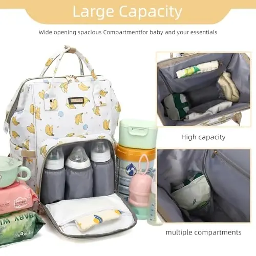 Diaper Bag Backpack, Diaper Bags for Baby Girls Boys, Baby Bags for Moms Dads, Nappy Changing Bag with Insulated Pockets,Multi-functional Waterproof Backpack with Stroller straps -Beige Banana - 6