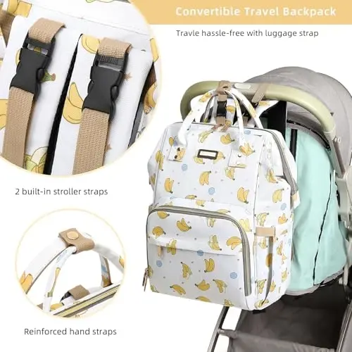 Diaper Bag Backpack, Diaper Bags for Baby Girls Boys, Baby Bags for Moms Dads, Nappy Changing Bag with Insulated Pockets,Multi-functional Waterproof Backpack with Stroller straps -Beige Banana - 3