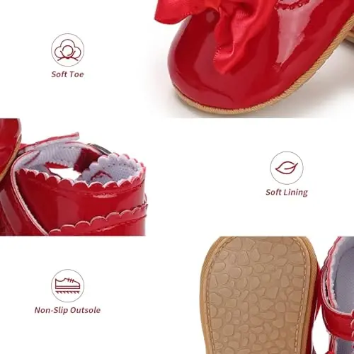 Baby Girl Mary Jane Dress Shoes - Infant Newborn Flats Anti-Slip Soft PU Leather Party School Wedding Princess Baby Girl Shoes - 3
