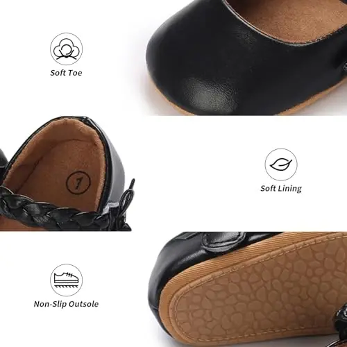 Baby Girl Mary Jane Dress Shoes - Infant Newborn Flats Anti-Slip Soft PU Leather Party School Wedding Princess Baby Girl Shoes - 4