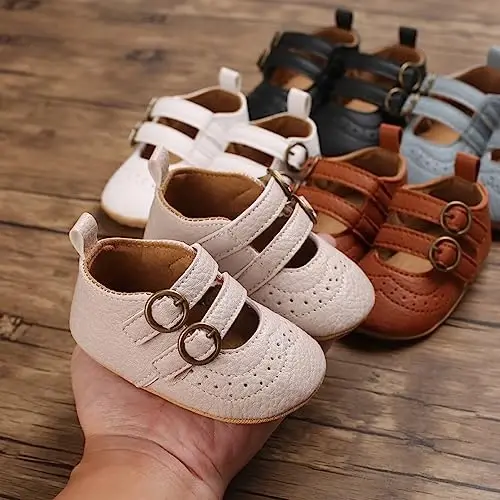 Baby Girl Mary Jane Dress Shoes - Infant Newborn Flats Anti-Slip Soft PU Leather Party School Wedding Princess Baby Girl Shoes - 6