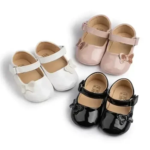 Baby Girl Mary Jane Dress Shoes - Infant Newborn Flats Anti-Slip Soft PU Leather Party School Wedding Princess Baby Girl Shoes - 6