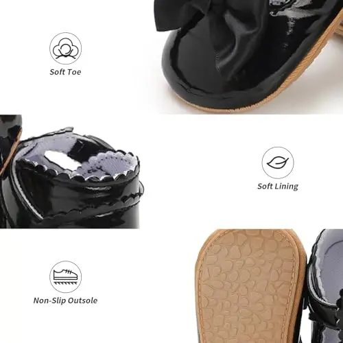 Baby Girl Mary Jane Dress Shoes - Infant Newborn Flats Anti-Slip Soft PU Leather Party School Wedding Princess Baby Girl Shoes - 3
