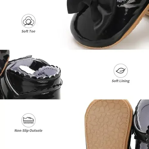 Baby Girl Mary Jane Dress Shoes - Infant Newborn Flats Anti-Slip Soft PU Leather Party School Wedding Princess Baby Girl Shoes - 3