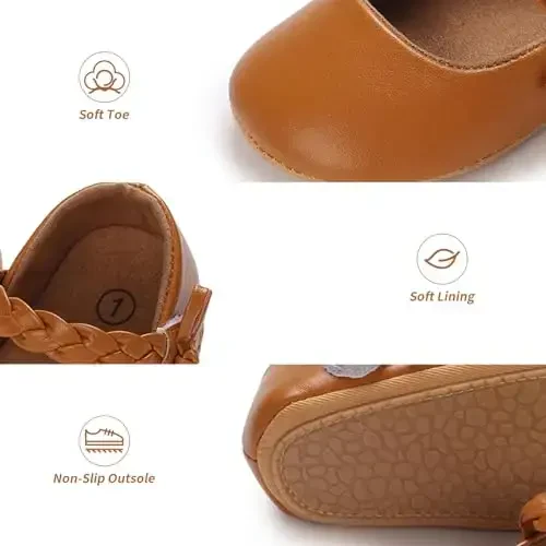 Baby Girl Mary Jane Dress Shoes - Infant Newborn Flats Anti-Slip Soft PU Leather Party School Wedding Princess Baby Girl Shoes - 4