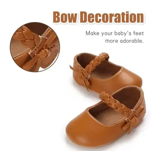 Baby Girl Mary Jane Dress Shoes - Infant Newborn Flats Anti-Slip Soft PU Leather Party School Wedding Princess Baby Girl Shoes - 6