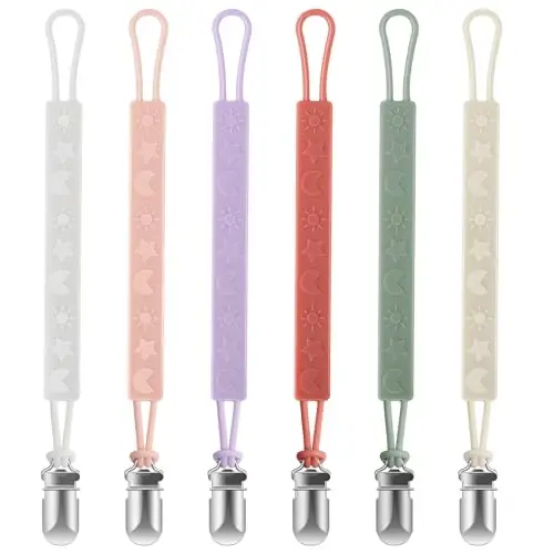 Tender Babe Silicone Pacifier Clip Holder for Baby Girls and Boys, Pack of 6 Soft Flexible Paci Binky Clips with One Piece Design 
