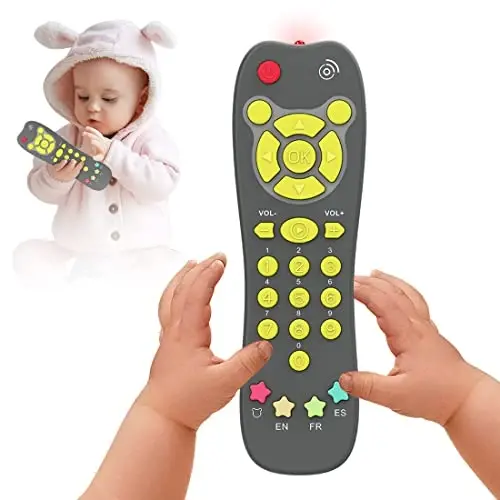 Baby Remote Toy, Toddlers TV Remote Control Toy Kids Realistic Play Remote Early Educational Baby Musical Toys with Light and Sound English French Spanish for Proshool Boys Girls 6 Month+, Gray 