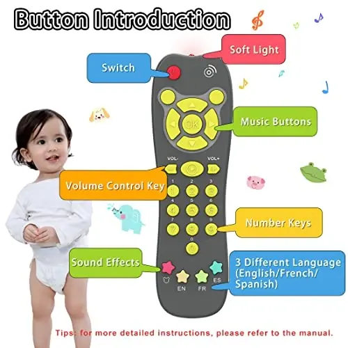 Baby Remote Toy, Toddlers TV Remote Control Toy Kids Realistic Play Remote Early Educational Baby Musical Toys with Light and Sound English French Spanish for Proshool Boys Girls 6 Month+, Gray - BABY (1)