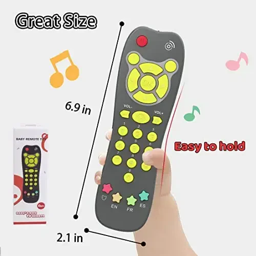 Baby Remote Toy, Toddlers TV Remote Control Toy Kids Realistic Play Remote Early Educational Baby Musical Toys with Light and Sound English French Spanish for Proshool Boys Girls 6 Month+, Gray - 7