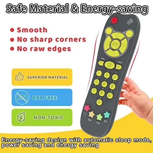 Baby Remote Toy, Toddlers TV Remote Control Toy Kids Realistic Play Remote Early Educational Baby Musical Toys with Light and Sound English French Spanish for Proshool Boys Girls 6 Month+, Gray - 3