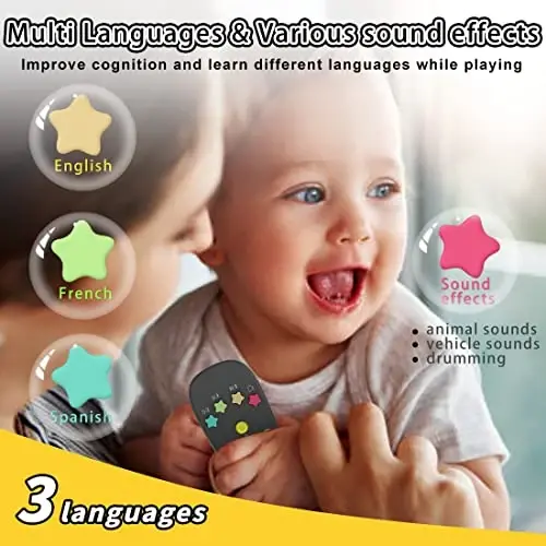 Baby Remote Toy, Toddlers TV Remote Control Toy Kids Realistic Play Remote Early Educational Baby Musical Toys with Light and Sound English French Spanish for Proshool Boys Girls 6 Month+, Gray - 4