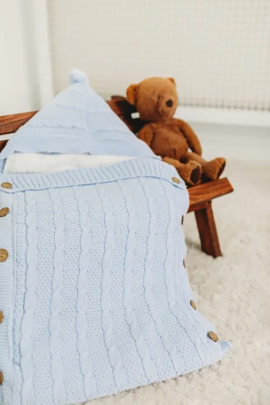 Bebek Kundağı Mavi Örgülü Içi Peluş Örgülü Yenidoğan Kundak Istediğiniz Ismi Nakışla Yazıyoruz - Mavi - 3