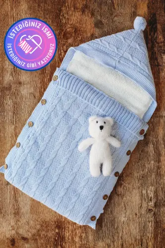 Bebek Kundağı Mavi Örgülü Içi Peluş Örgülü Yenidoğan Kundak Istediğiniz Ismi Nakışla Yazıyoruz-Mavi 