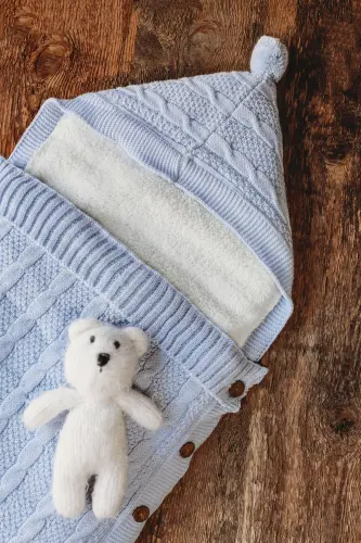 Bebek Kundağı Mavi Örgülü Içi Peluş Örgülü Yenidoğan Kundak Istediğiniz Ismi Nakışla Yazıyoruz-Mavi - 4