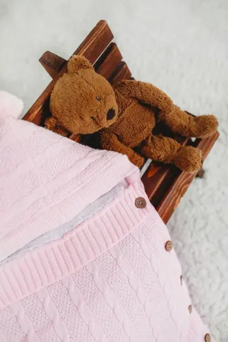 Bebek Kundağı Pembe Örgülü Içi Peluş Örgülü Yenidoğan Kundak Istediğiniz Ismi Nakışla Yazıyoruz - Pembe - 11