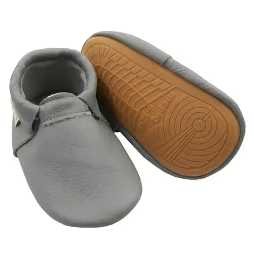 Infant Baby Moccasins with Rubber Sole - Soft Leather Anti Slip Crib Walking Baby Shoes Brown 