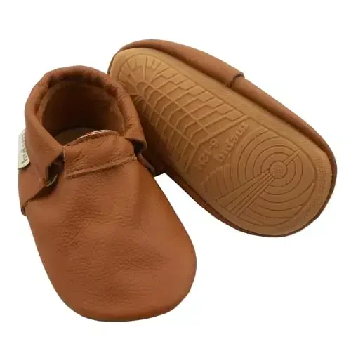 Infant Baby Moccasins with Rubber Sole - Soft Leather Anti Slip Crib Walking Baby Shoes Brown 