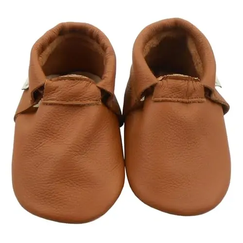 Infant Baby Moccasins with Rubber Sole - Soft Leather Anti Slip Crib Walking Baby Shoes Brown - 2