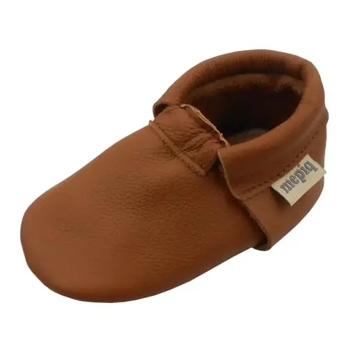 Infant Baby Moccasins with Rubber Sole - Soft Leather Anti Slip Crib Walking Baby Shoes Brown - 4