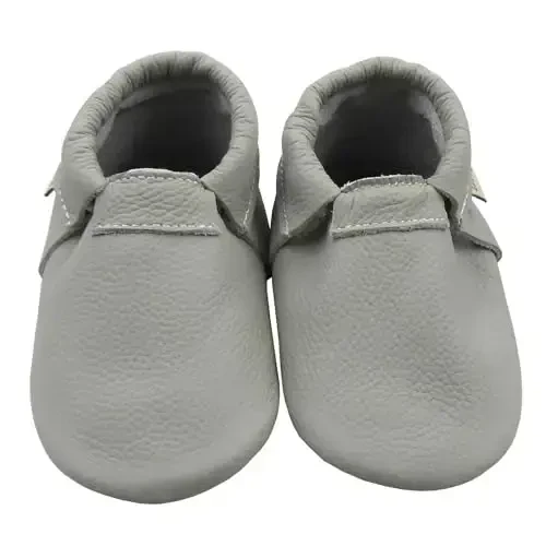 Infant Baby Moccasins with Rubber Sole - Soft Leather Anti Slip Crib Walking Baby Shoes Brown - 2