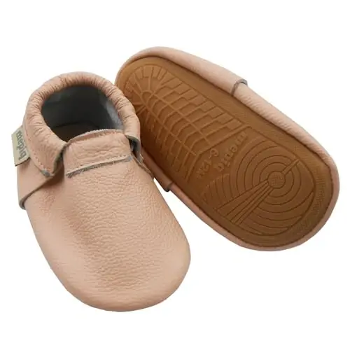 mepiq Baby Leather Moccasins Anti-Slip Rubber Sole Pre-Walker Crib Shoes | Breathable genuine leather,Durable rubber sole with deep grip treads,Elastic ankle stays on,Fits 0-24 months 