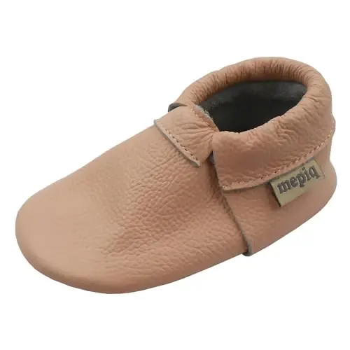 mepiq Baby Leather Moccasins Anti-Slip Rubber Sole Pre-Walker Crib Shoes | Breathable genuine leather,Durable rubber sole with deep grip treads,Elastic ankle stays on,Fits 0-24 months - 4