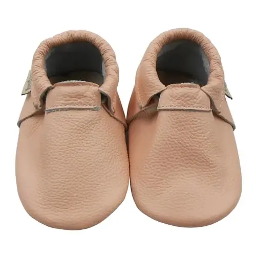 Infant Baby Moccasins with Rubber Sole - Soft Leather Anti Slip Crib Walking Baby Shoes Brown - 2