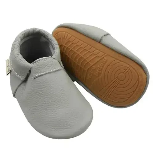 Infant Baby Moccasins with Rubber Sole - Soft Leather Anti Slip Crib Walking Baby Shoes Brown - Infant