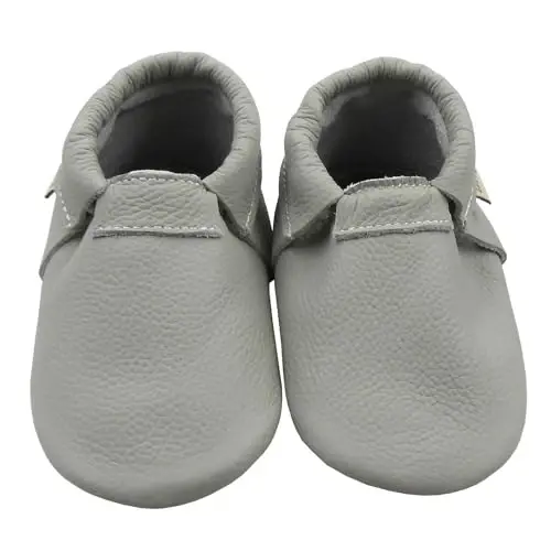 Infant Baby Moccasins with Rubber Sole - Soft Leather Anti Slip Crib Walking Baby Shoes Brown - 2