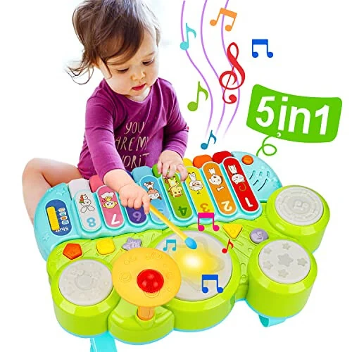 Baby Musical Toys 3 in 1 Piano Keyboard Xylophone Drum Set for 1 Year Old Girls Boys Toys Age 2 Music Instrument Learning Toys Toddlers 1-3 0-2 First Birthday Gift Infant Baby Toys 6 9 12 18 Month - Baby