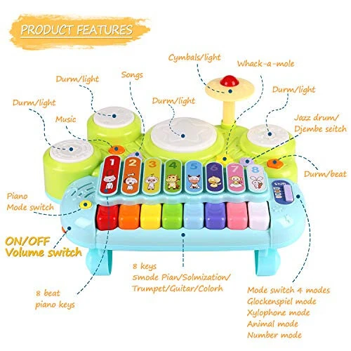 Baby Musical Toys 3 in 1 Piano Keyboard Xylophone Drum Set for 1 Year Old Girls Boys Toys Age 2 Music Instrument Learning Toys Toddlers 1-3 0-2 First Birthday Gift Infant Baby Toys 6 9 12 18 Month - 3