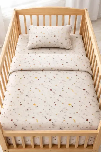 bebek nevresim takımı (60x120 lastikli çarşaf,95x145 nevresim,35x45 yastık kılıfı)-Kahvebej 