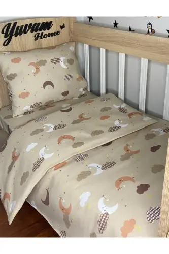 bebek nevresim takımı(60x120 lastikli çarşaf,95x145 nevresim,35x45 yastık kılıfı)-Koyukahve 