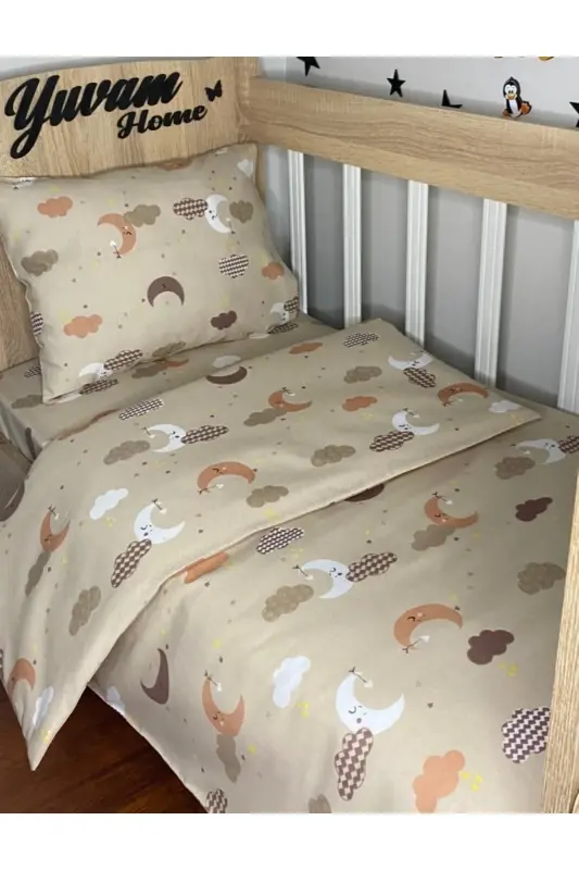 bebek nevresim takımı(60x120 lastikli çarşaf,95x145 nevresim,35x45 yastık kılıfı)-Koyukahve - 1