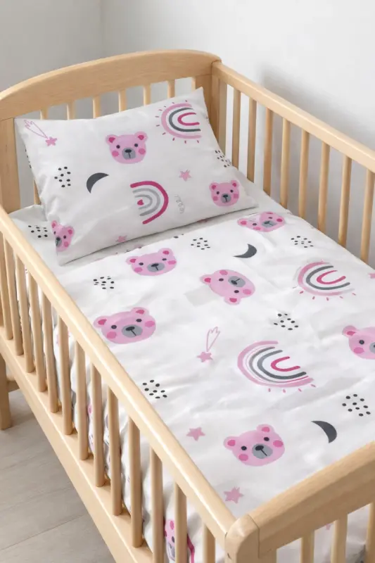 bebek nevresim takımı(60x120 lastikli çarşaf,95x145 nevresim,35x45 yastık kılıfı)-Pembebeyaz - 1